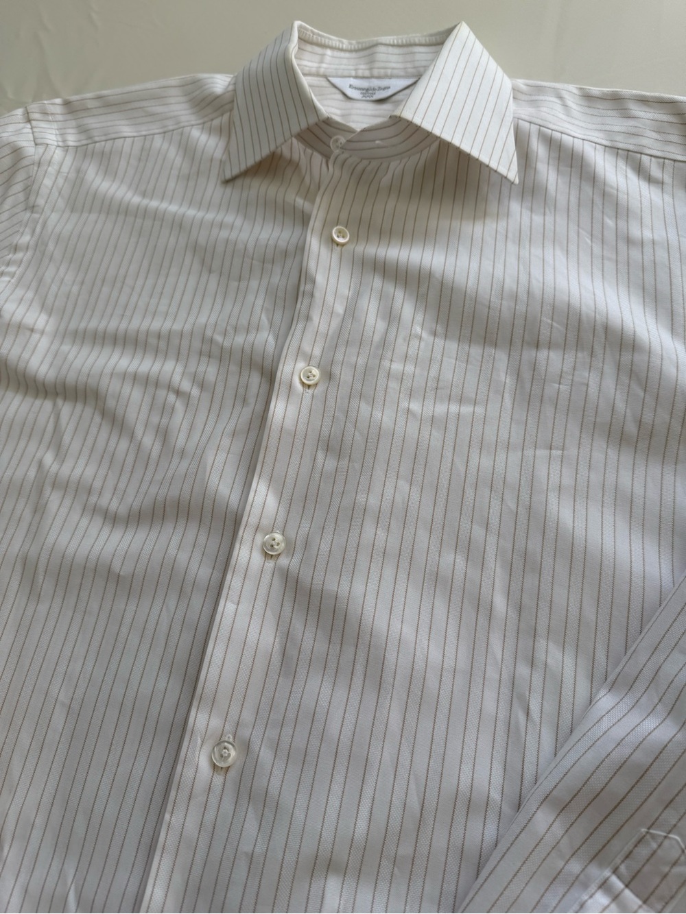 Ermenegildo Zegna Couture Men’s White Dress Shirt with Brown Pinstripes